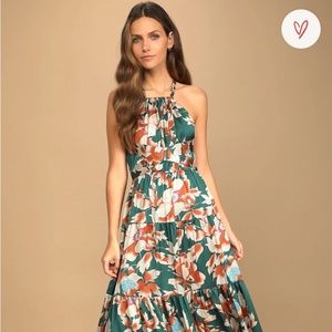 Heat Wave Babe Green Floral Print Tie-Back Tiered Maxi Dress